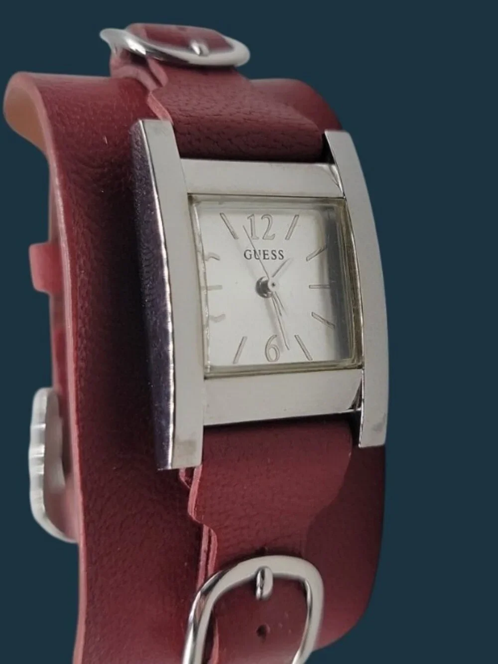 Vintage GUESS Women's Cuff Watch Red Leather Wide Bund Band Square Silver Tank